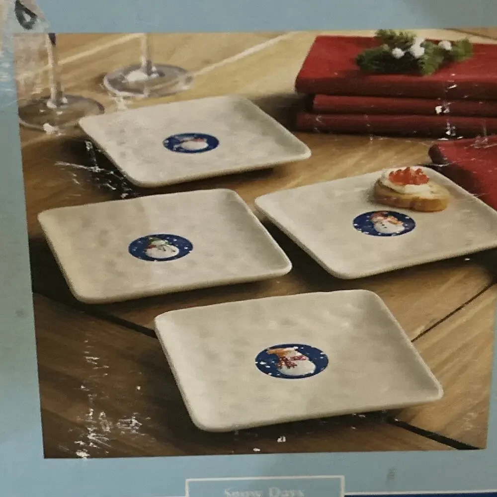 St.‎ Nicholas Square SNOW DAYS Appetizers Plate Set 4Pc Snowman Snowflakes White